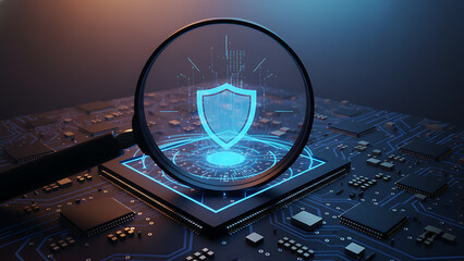 Magnifying glass over glowing circuit board with digital shield icon. Examines electronic data for cyber security threats, protection, and system integrity checks. Innovation, audit, Cybersecurity