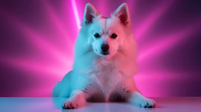 Adorable white spitz dog posing with different expressions in a futuristic studio. Composite banner of a cute purebred pet in vibrant pink and blue neon lighting