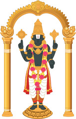 Lord Venkateswara Balaji Standing Idol Under Golden Temple Arch – Hindu God Vector Illustration