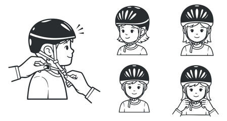 A set of illustrations showing a child adjusting a bicycle helmet in a minimalist line art style, ideal for safety education and cycling awareness