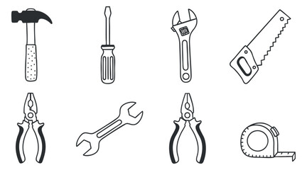 Fototapeta premium A collection of hand tools including a hammer, screwdriver, wrench, pliers, saw, and tape measure in black and white outline vector style, perfect for construction and DIY projects