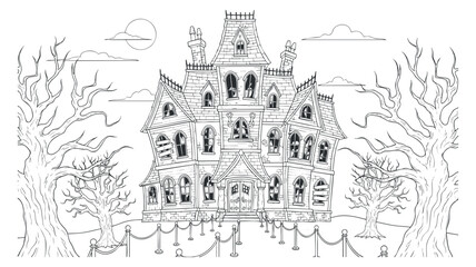 Obraz premium A spooky haunted house with gothic architecture in black and white outline vector style, perfect for Halloween-themed designs