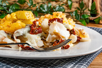 Baked pieces of cod.