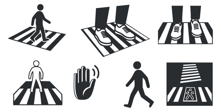 A collection of pedestrian crosswalk icons in black and white minimalist vector style, ideal for traffic safety signage and urban design