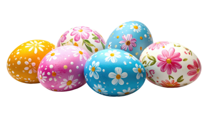 Close-up of six vibrant, painted Easter eggs. Each egg features unique floral designs in different pastel hues, isolated on black
