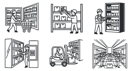 Naklejka premium A collection of warehouse and logistics icons in outline vector style, suitable for industry and management themes