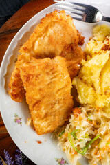 Fried cod fillet.