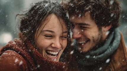 Man and woman hugging in winter park