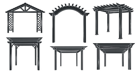 A collection of six pergola designs in black and white vector style, suitable for outdoor landscaping projects