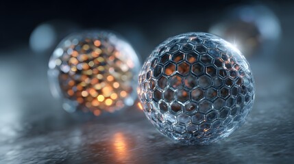 Abstract Cellular Structures with Glowing Orbs and Hexagonal Patterns.