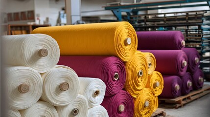 Fabric production in a factory, rolls of fabric on a conveyor belt