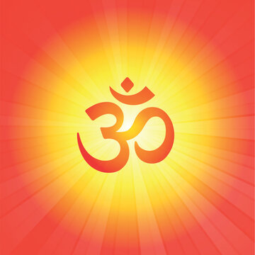 Om Symbol Hindu Spiritual Background &ndash; Radiant Yellow Red Light Rays Vector Art