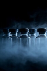 Transparent Medical Vials Emitting Mist in Dramatic Dark Setting