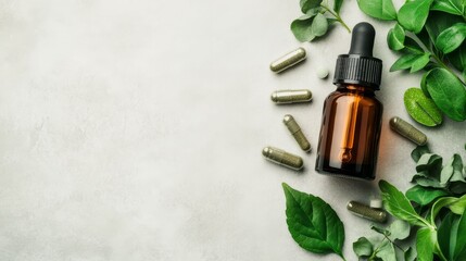 Herbal Supplement Dropper Bottle With Capsules and Fresh Leaves Arranged on Gray Background