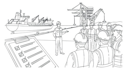 Fototapeta premium A shipping management scene with cargo ship and workers in outline vector style, suitable for maritime industry illustrations