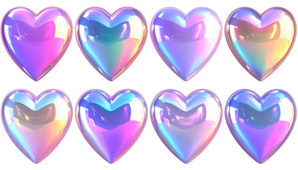 Eight iridescent, glossy, heart-shaped objects float against a stark black background. They exhibit vibrant color gradients