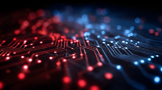 Abstract Digital Circuit Board with Glowing Red and Blue Lights. - Powered by Adobe