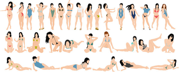 ポーズをとる水着を着た女性のイラストセット