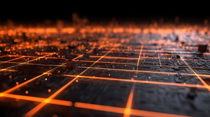 Abstract Digital Grid with Glowing Orange Lines and Particles.