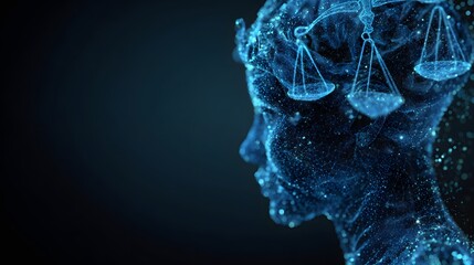 Abstract Digital Human Head with Scales of Justice Symbolizing Legal AI.