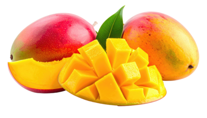 Still life featuring a vibrant ripe fruit with varying compositions; one sliced, whole, and with a fresh green leaf