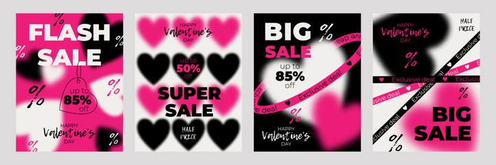 Contemporary poster design for Valentine's Day sale. Pink, black, warm white, blurred hearts, text and congratulations.