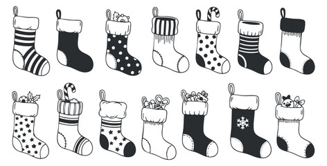 A collection of Christmas stockings with various patterns in black and white minimalist vector style, perfect for holiday designs and decorations