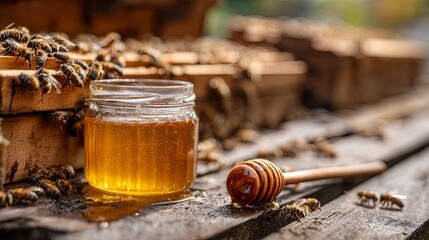 A jar of sweet buckwheat honey on the background of a bee farm and hives