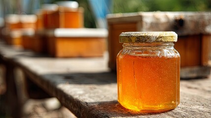 A jar of sweet buckwheat honey on the background of a bee farm and hives