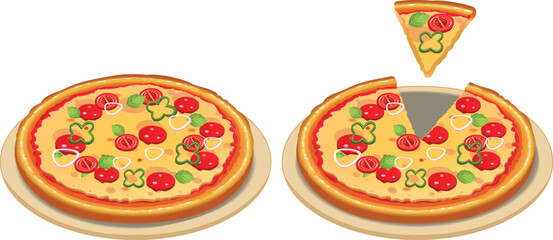 Whole Pizza and Slice Vector – Cheese Pizza with Tomato and Veggie Toppings Illustration