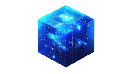 An isometric cube depicting a galaxy within, showcasing bright stars and nebulous formations, all contained within transparent panels
