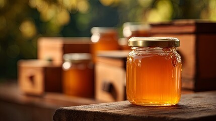 A jar of sweet buckwheat honey on the background of a bee farm and hives