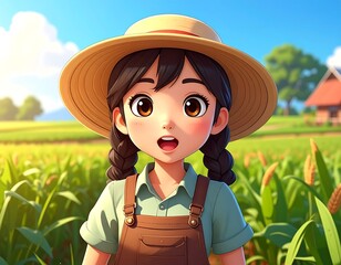 Animated portrait of a young girl wearing overalls and a straw hat, standing in a cornfield with an open-mouthed expression