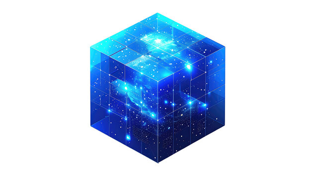 An isometric cube depicting a galaxy within, showcasing bright stars and nebulous formations, all contained within transparent panels