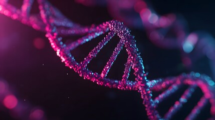 Abstract DNA double helix structure in vibrant pink and blue neon light on a dark background.