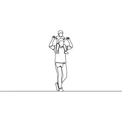 Father carrying child on shoulders simple line art.