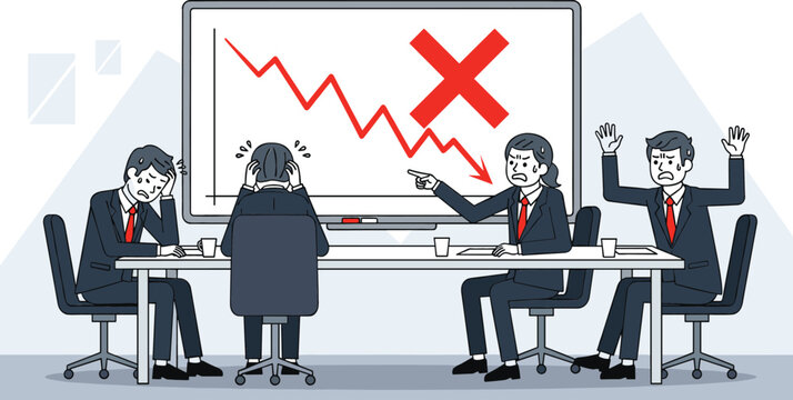 Frustrated Business Team Reacting to Financial Crisis, Failure, and Declining Sales Illustrated by a Sharp Downward Red Graph During a Board Meeting.