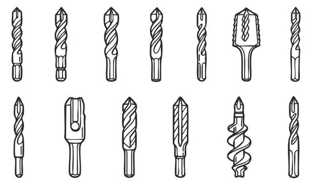 A set of various drill bits and cutting tools in black and white outline vector style, suitable for engineering and manufacturing projects
