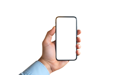 Businessman hand holding smartphone with blank white screen for app presentation, design mockup or advertisement


