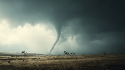 Tornado and whirlwind spins near a farm and a lonely building