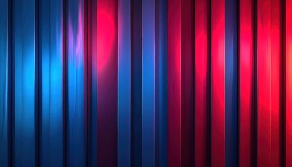 Vertical, reflective metal bars transition from blue to red with gradient lighting