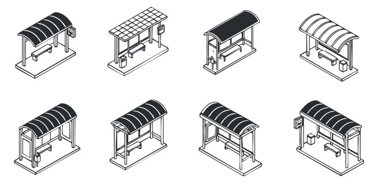 A set of bus stop shelters in black and white outline vector style, suitable for urban planning and transportation design
