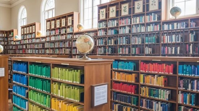 Colorful library books neatly stacked on warm wooden shelves.