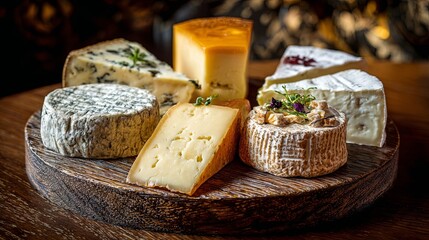 Various kinds of cheese arranged on a round wooden platter