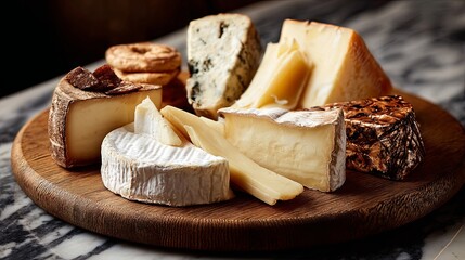 Various kinds of cheese arranged on a round wooden platter