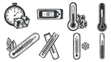 Obraz premium A collection of temperature measurement tools including thermometers, a clock, and ice cubes in black and white vector style, suitable for scientific and educational projects