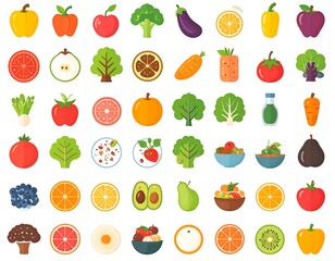 Assortment of diverse, brightly colored vegetables and fruits in various shapes and forms, arranged in a grid