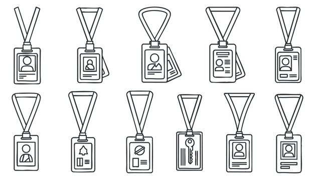 A collection of identification badges with lanyards in minimalist outline vector style, suitable for business and event use