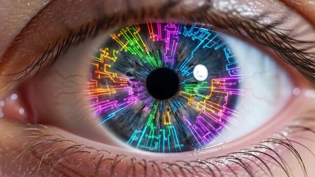 Futuristic eye closeup, vibrant retinal structure and high detail.
