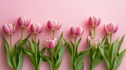 Fototapeta premium Elegant composition of pink and white tulip flowers arranged on a blush backdrop
